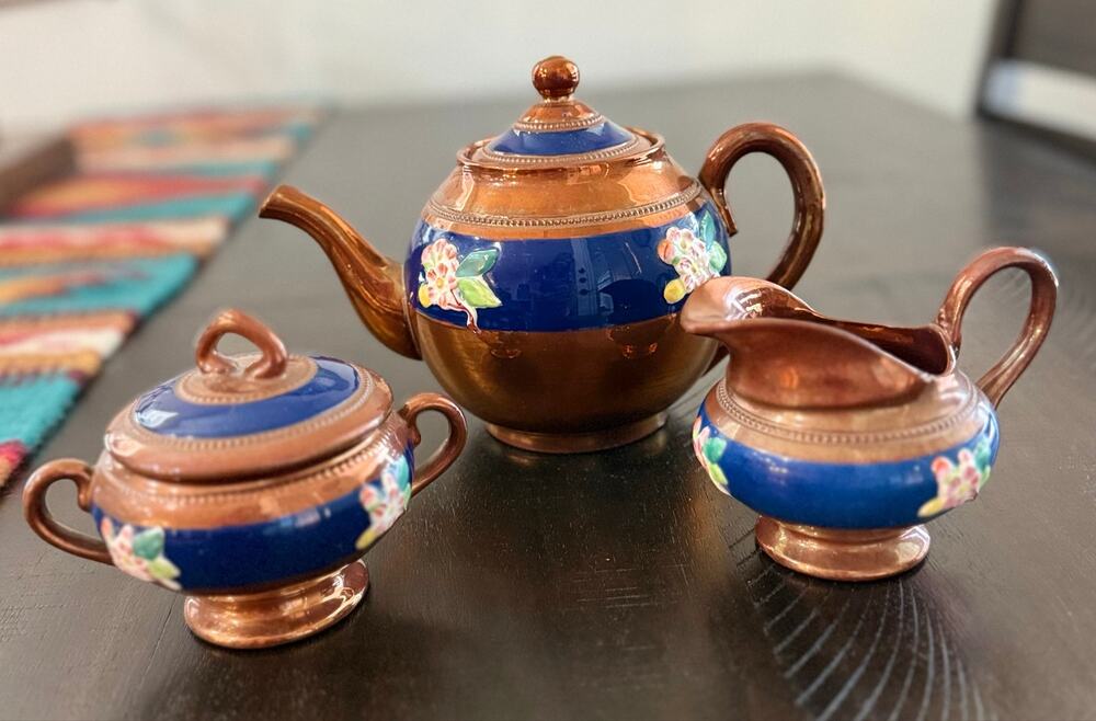 Antique 1890s Sarreguemines France Copper Luster Floral Tea Set 3 Piece